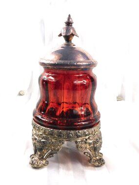Red Glass Pickle Jar Conditment Jar with Silver Stand and Lid # 27029